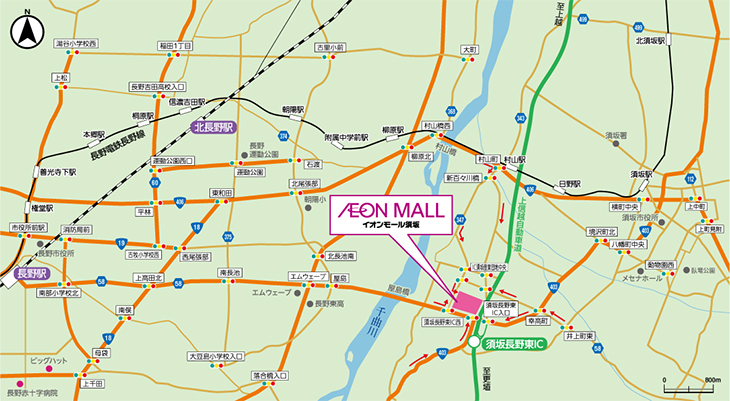 イオンモール長野南周辺の地図。長野駅、北長野駅、須坂長野東ICなど主要な駅や道路からのアクセスルートが示されている。